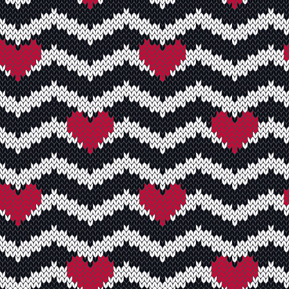 Heart red shape in chevron black and white background. Elegance Valentine knitted seamless pattern for sweater or socks design. Vector illustration.