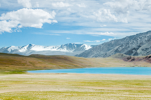 Beautiful lake in Himalayas, Tso Moriri, blue waters, green fields, Ladakh region, India