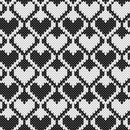 Heart shape jacquard knitted seamless pattern. Black and white Valentine background. Vector illustration.