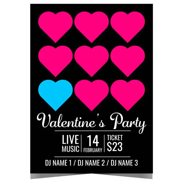 Vector illustration of Valentine's Day party poster with pink hearts in the black background.