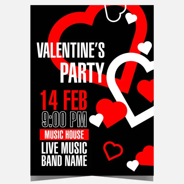 Vector illustration of Valentine's Day romantic party poster with red and white hearts on black background.