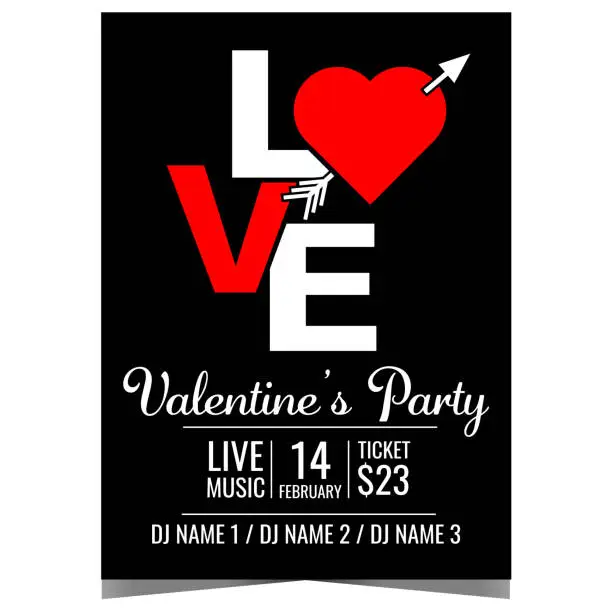 Vector illustration of Valentine's Day invitation card or promo poster with word Love consisting of a red heart pierced by Cupid's arrow.