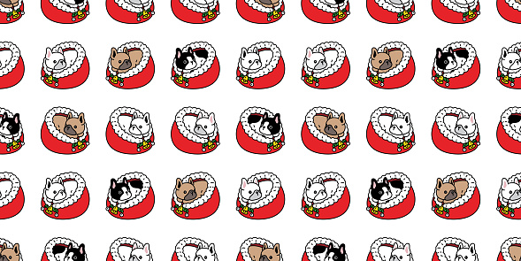 dog seamless pattern french bulldog Christmas sleeping bed Santa Claus vector cartoon puppy pet doodle gift wrapping paper tile background repeat wallpaper illustration scarf isolated design