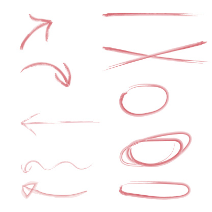 Set of vector watercolor arrows, circles, underlines. Hand drawn drawings of various curved lines, arrow curls. Direction signs on a white background.