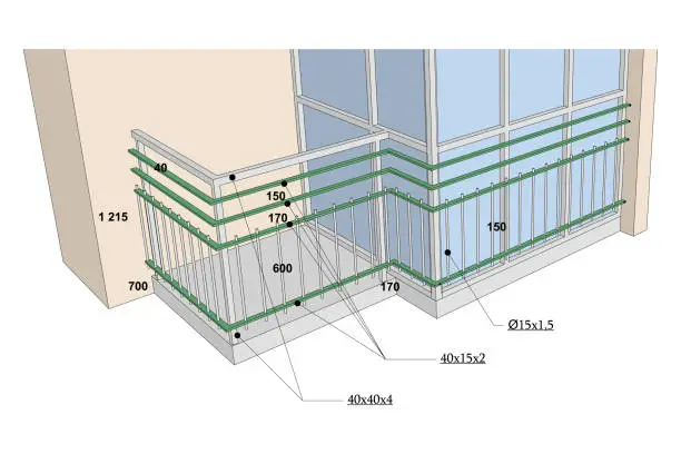 Vector illustration of Vector architectural 3d fragment of a balcony with measurements