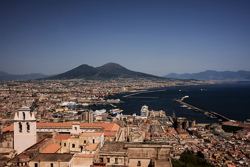 the magnificent panorama of the Gulf of Naples with Vesuvius in the center photographed from the panoramic terrace of Castel Sant'Elmo