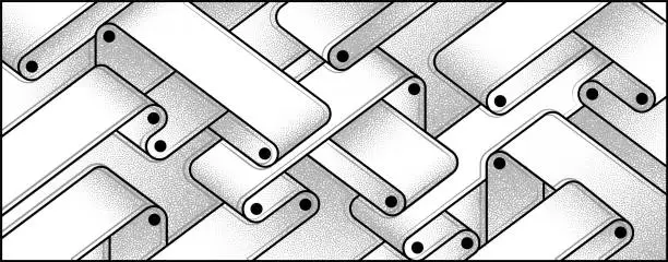 Vector illustration of Linear pattern with conveyor belts in different directions with dotted halftone shadows.