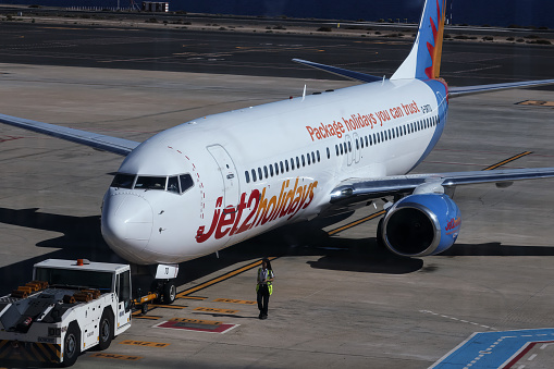 Fuerteventura, Spain- January 5, 2024: The airplane of Jet2holidays staying at the airport. Jet2holidays is a British package holiday provider and tour operator.