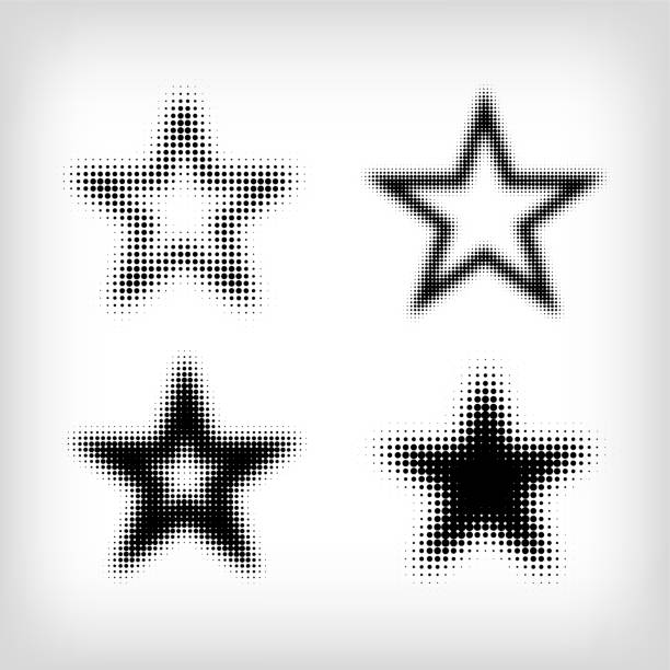 ilustraciones, imágenes clip art, dibujos animados e iconos de stock de forma de estrella con diseño de 4 puntos diferentes. - spotted improvement circle halftone pattern