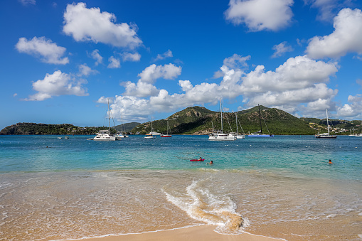 Antigua- December 23,2022: The scenic view of Pigeon point beach in Antigua island.