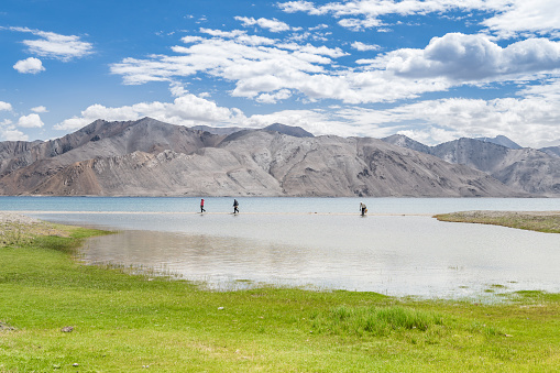 Beautiful lake in Himalayas, Pangong Lake, blue waters, green fields, Ladakh region, India