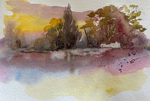 Original watercolour landscape with reflectio, trees and water, with building in the distance.