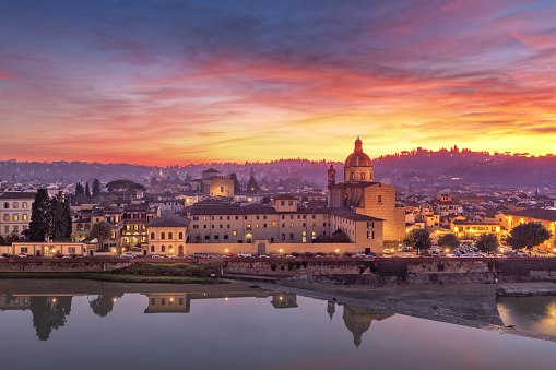Florence, Italy with  San Frediano in Cestello on the Arno River at dusk.