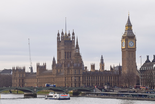 London, UK - January 20 2024: daytime view of the Houses of Parliament,  Big Ben, Westminster Bridge and River Thames.