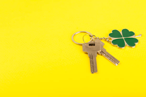 istock Keychain with key ring isolated on a colored background. Concepts for real estate and moving home or renting property. Buying a property. Mock-up keychain.Copy space. 1947519033