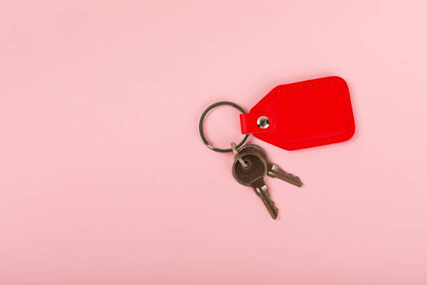 istock Keychain with key ring isolated on a colored background. Concepts for real estate and moving home or renting property. Buying a property. Mock-up keychain.Copy space. 1947519059
