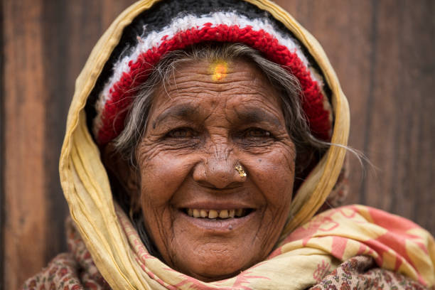 Kathmandu, Nepal- April 20,2023 : Portrait of older Nepalese in Patan Durbar Square.