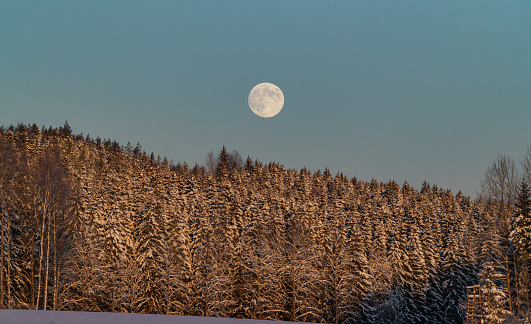 Panorama of freshly fallen snow on a field and a starry sky with a full moon