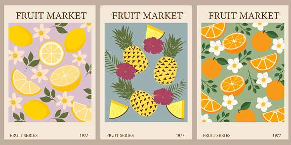 Retro abstract Fruit Market posters. Trendy gallery wall art with pineapple, lemon, orange. Modern naive groovy funky interior decorations, paintings. Vector art illustration