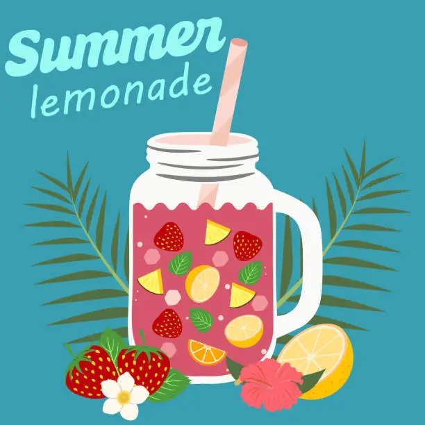 Vector illustration of Summer lemonade. Glass jar with lemonade on aquamarine background with lemon, orange,strawberry, ice cube and leaves. Summer drink