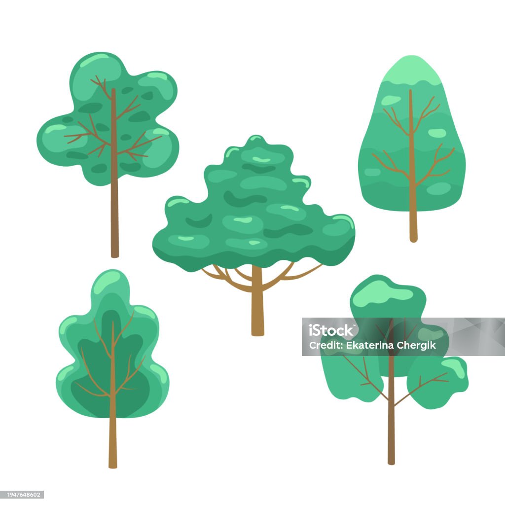 Cartoon Tree Rasterized Simple Cartoon Simple Flat Trees Set Bright Vector Illustration For Design ...