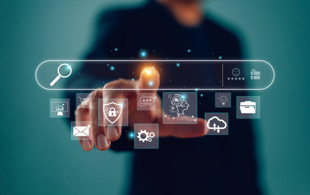 istock Businessman touch magnifier search with Ai assistant. Search job on virtual screen digital data search technology search engine optimization. Artificial Intelligence computer analysis information SEO 1947676225