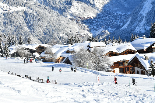 Winter scenery of a winter resort  in French alps, France