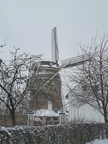 Old Mill in Gronsveld, Maastricht, during the snow
