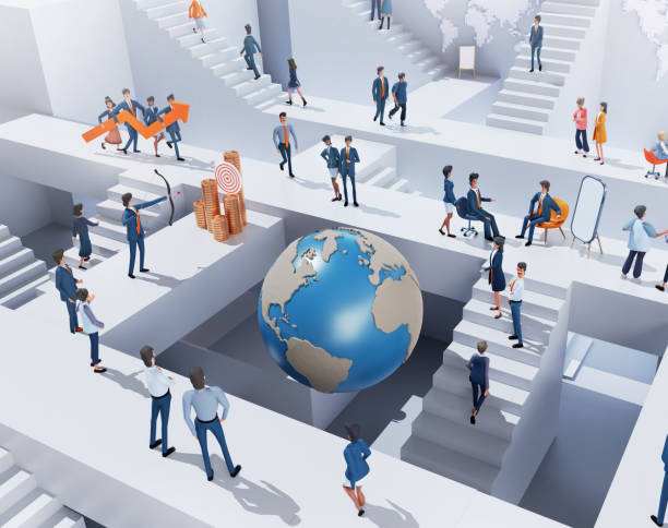 istock International business. People collaborating on a project, sharing ideas, office workers are running up and down stairs in an abstract business environment with big globe. 3D rendering 1947714248