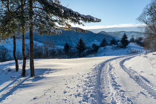 serpentine way in mountains. winding road on a sunny winter day. old cracked asphalt surface. snow on the road sine and hills of the ridge in the distance. leafless trees along the path