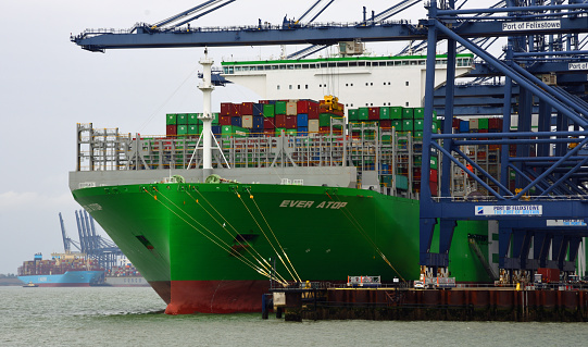 Felixstowe, Suffolk, England -  October 11, 2023: Large Container Ship \