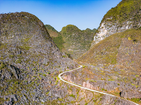 Ha Giang aerial landscape in Northern Vietnam. drone aerial view of Ha Giang Loop tour route scenery,