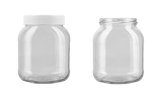 Two empty glass jars isolated on white background. File contains clipping path. Full depth of field.