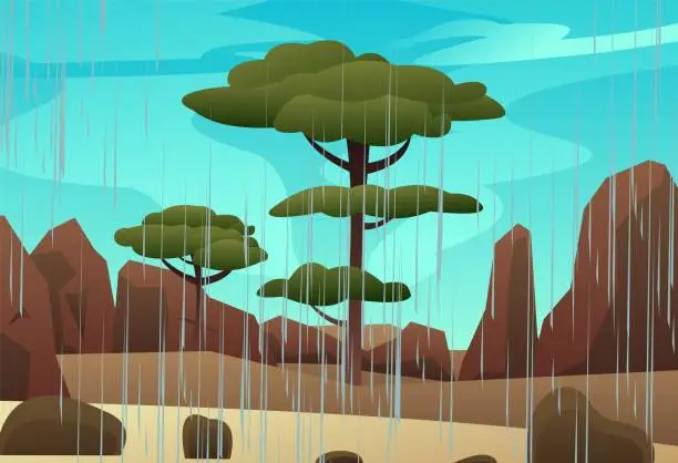 Vector illustration of Summer rain in rocks desert. Landscape with rain weather. Jets of water pour from the sky. Cartoon fun style. Flat design. Vector.