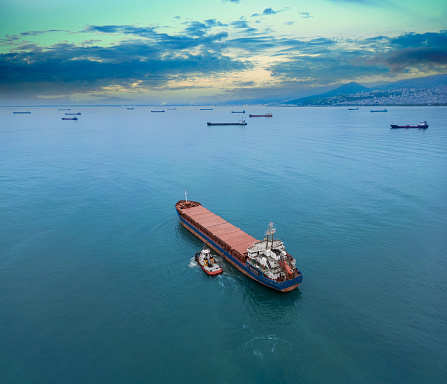 The tug accompanies the ship when entering the cargo port. 
Aerial drone view above sea port. Cargo vessel is loading containers and bulk. Professional business logistics and transportation of cargo ship.