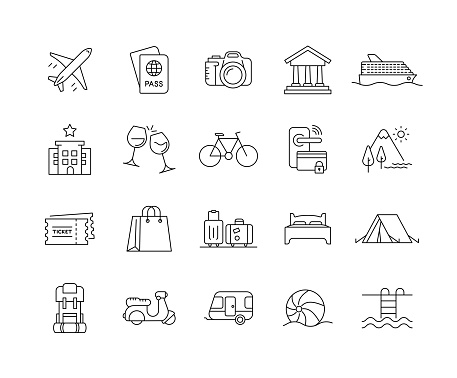 Travel Line Icon Set contains such icons as airplane, passport, cruise ship, tent, bed, and so on. Editable Stroke, Customizable Stroke Width, and Adjustable Colors.