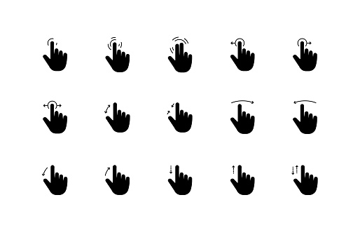 Touch Screen Gestures Solild Icon Set contains such icons as double tap, double-click, two finger tap, click, swipe, slide, drag, drop and so on.