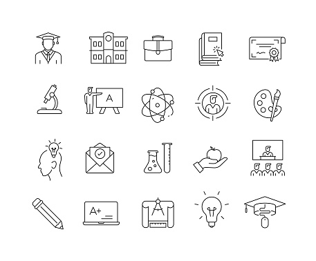 Higher Education Line Icon Set contains such icons as University, Science, Academic Seminar, Diploma, Exam Paper, Lecturer and so on. Editable Stroke, Customizable Stroke Width, and Adjustable Colors.