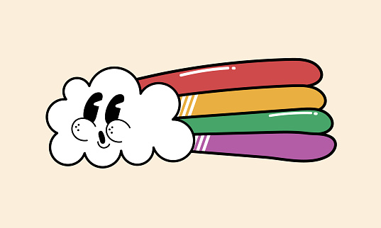 A cheerful cartoon cloud with a bright rainbow bursting forth from its side, spreading color and joy across the sky