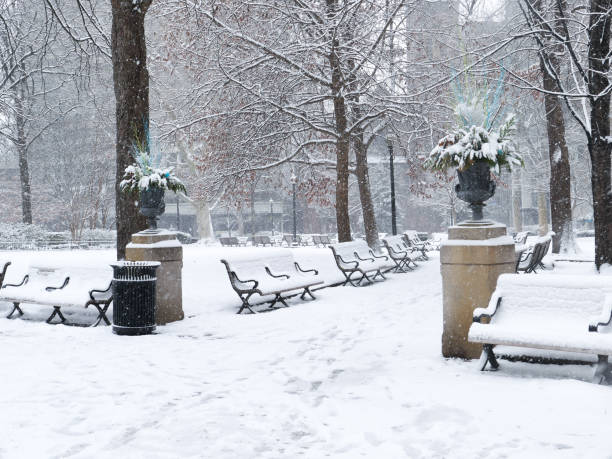 Winter in Center city Philadelphia during snow storm. Rittenhouse Square.