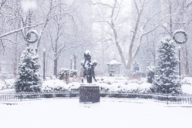 Winter in Center city Philadelphia during snow storm. Rittenhouse Square.