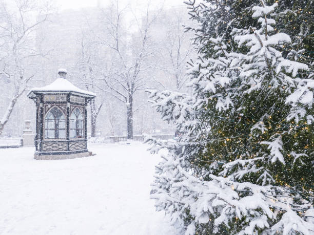 Winter in Center city Philadelphia during snow storm. Rittenhouse Square park