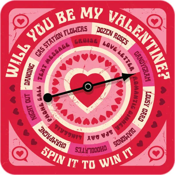 Vector illustration of 2024 vintage Valentines Day spinner with arrow, answers, and heart symbols.