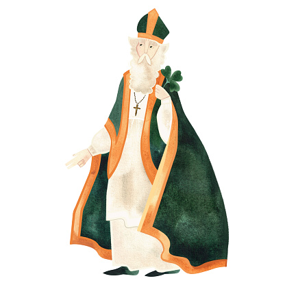 Saint Patrick, patron saint of Ireland. Religious Catholic saint. Full figure with staff and clover shamrock. Isolated watercolor illustration on white background. Character