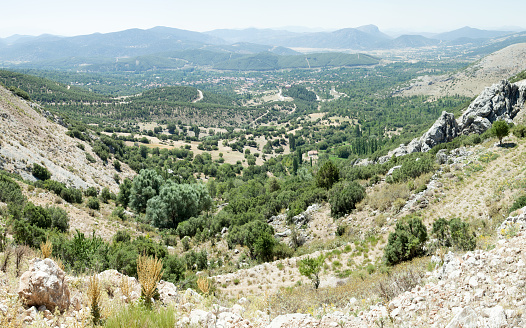 The panoramic view down the valley from Sagalassos Greek ancient city, archaeological site in Turkey.