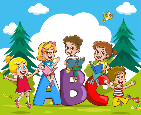 Font design for word ABC with kids playing in the park vector illustration
