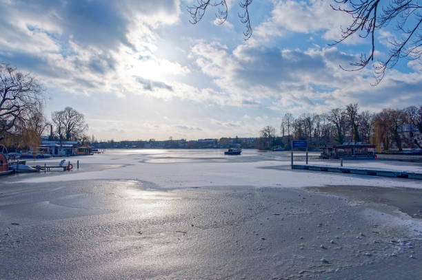 Winter scene at the frozen Dahme river in Berlin Koepenick.