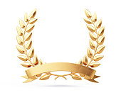 Golden laurel wreath with golden ribbon isolated on white background. Trophy, award, champion concept