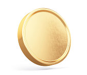 Banking, coin concept. Blank Golden coin or golden medal isolated on white - 3d rendering mockup template
