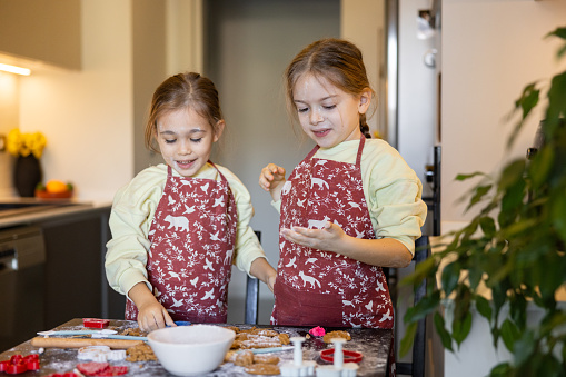Happy cute little siblings with blond hair in casual clothes and aprons smiling and kneading dough with wooden rolling pin while preparing cookies in kitchen